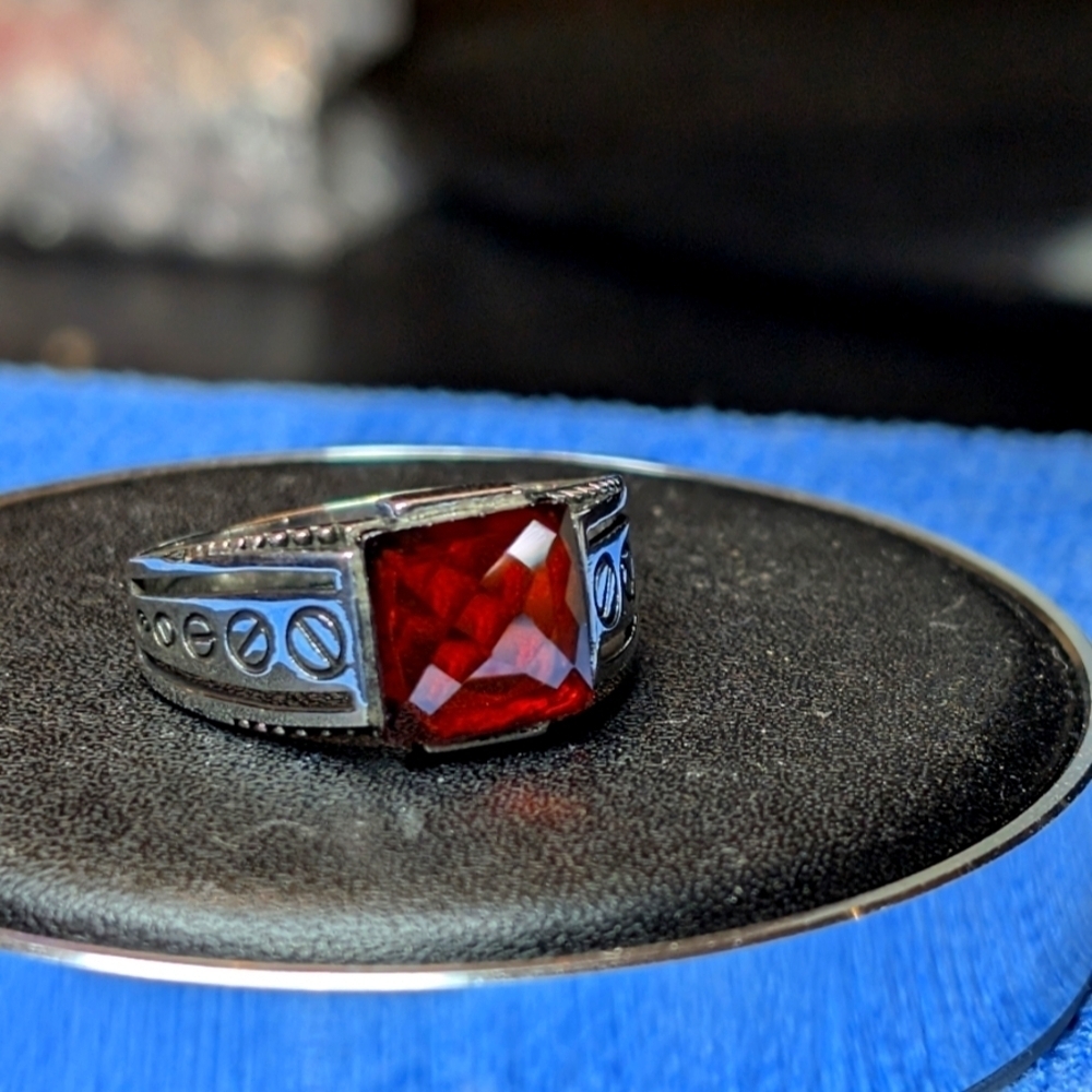 Fiery Elegance: 925 Sterling Silver Ring with Red Zircon Stone Size 13 Mens